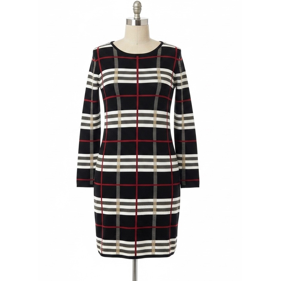 Melissa Paige Petite Plaid Sweater Dress Black Red White Pm